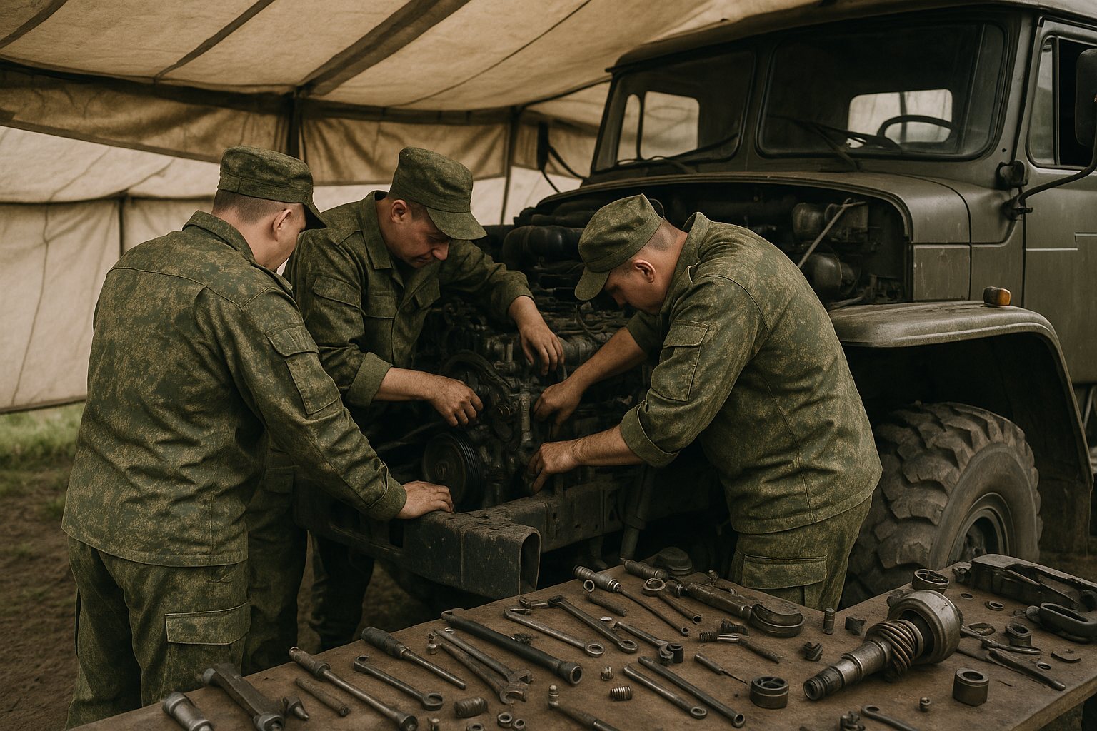 Ремонт военного грузовика в полевой мастерской