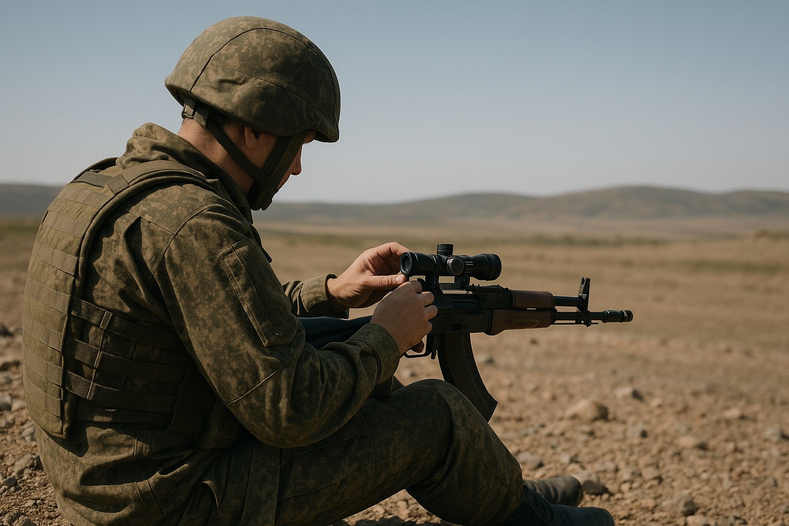 Военнослужащий проверяет прицел на полигоне