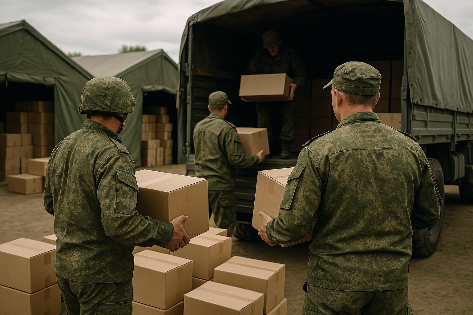 Разгрузка ящиков на полевом складе