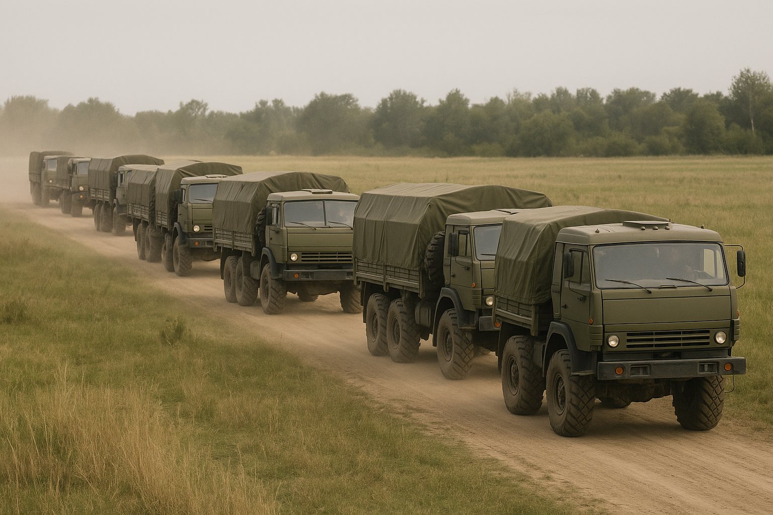 Колонна военных грузовиков на грунтовой дороге